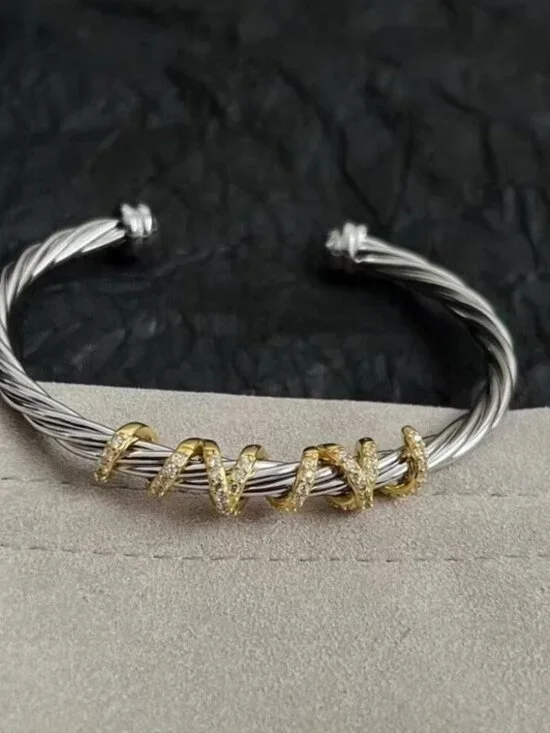 David Yurman Sterling Silver & Gold Cable Bracelet with Diamond Accents - Picture 4 of 5